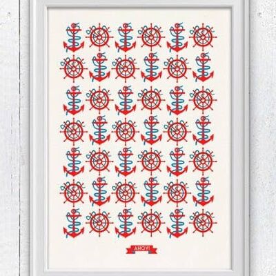 Poster nautico vintage Ahoy modello nautico - A5 bianco 5,8 x 8,2