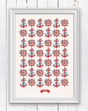 Ahoy Nautical Pattern Affiche nautique vintage - Blanc 8 x 10 (sans cintre) 1