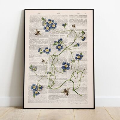 Abeilles avec fleurs sauvages bleues - Blanc 8x10 (Sans cintre)
