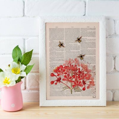 Bees with Geranium flowers - White 8x10