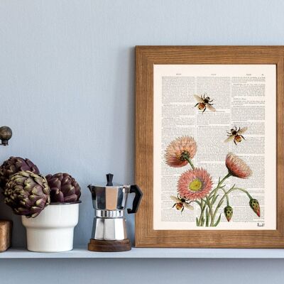 Bees with Wild Daisy flowers Print - Book Page L 8.1x12 (No Hanger)