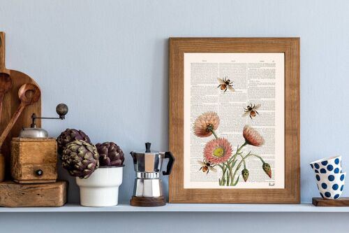 Bees with Wild Daisy flowers Print - Music L 8.2x11.6 (No Hanger)