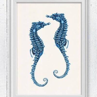 Blue sea horses couple - A3 White 11.7x16.5 (No Hanger)