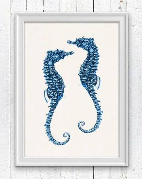 Blue sea horses couple - A4 White 8.2x11.6 (No Hanger)