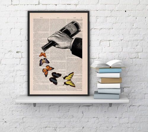 Butterflies and Wine bottle collage art print - Book Page L 8.1x12