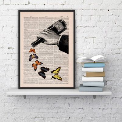 Butterflies and Wine bottle collage art print - Book Page L 8.1x12