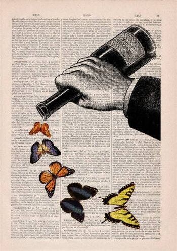 Impression d'art de collage de papillons et de bouteille de vin - Page de livre L 8.1x12 2