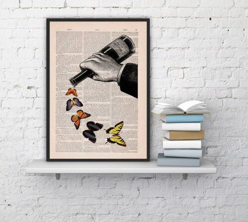 Butterflies and Wine bottle collage art print - Book Page S 5x7