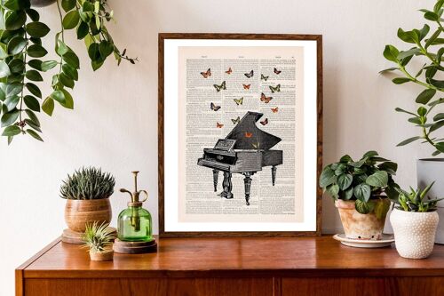 Butterflies over piano collage Print on book page - Book Page 6.6x10.2 (No Hanger)