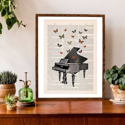 Butterflies over piano collage Print on book page - Book Page 6.6x10.2 (No Hanger)