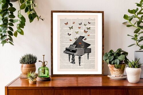 Butterflies over piano collage Print on book page - Book Page M 6.4x9.6 (No Hanger)