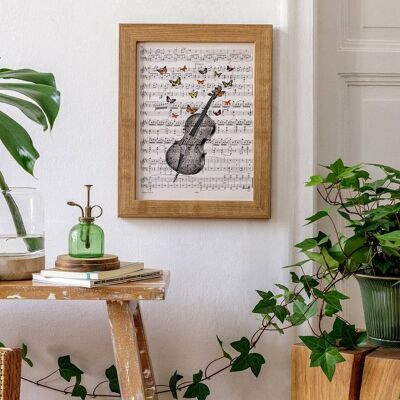 Cello with butterflies Art print on Music sheet - Music L 8.2x11.6
