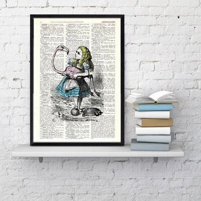 Cadeaux de Noël pour les femmes - Vintage Book Print Alice au pays des merveilles Alice et le Flamingo Print on Vintage Dictionary Book Art ALW005 - Book Page S 5x7