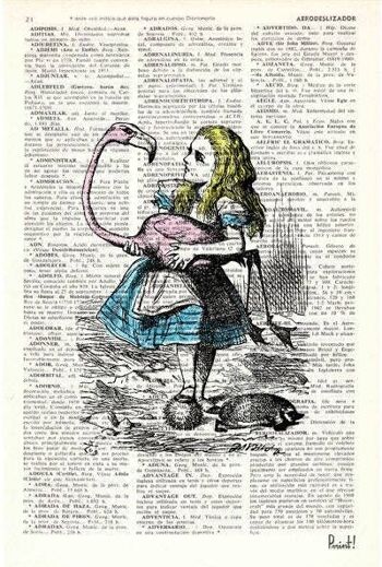 Cadeaux de Noël pour femmes - Impression de livre vintage Alice au pays des merveilles Alice et le flamant rose Impression sur dictionnaire vintage livre Art ALW005 - Page de livre L 8,1 x 12 2