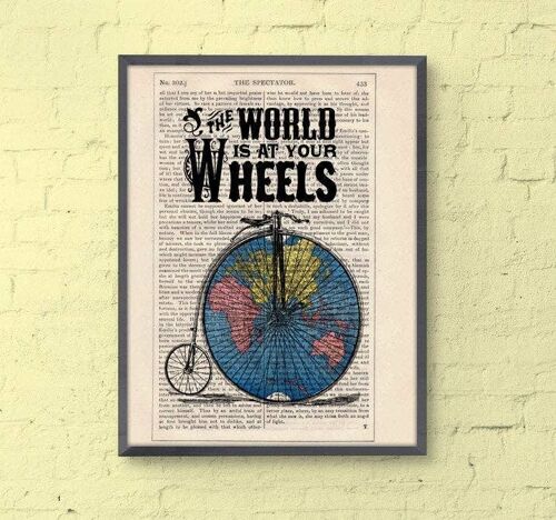 Christmas Gifts Idea - Bikers Perfect Gift Drawing Illustration Giclee Prints Poster: The World at Your Wheels, Upcycled Art TVH006 - Book Page 5.9x9.5