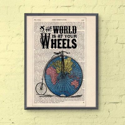 Idée de cadeaux de Noël - Bikers Perfect Gift Drawing Illustration Giclee Prints Poster: The World at Your Wheels, Upcycled Art TVH006 - Book Page 5.9x9.5