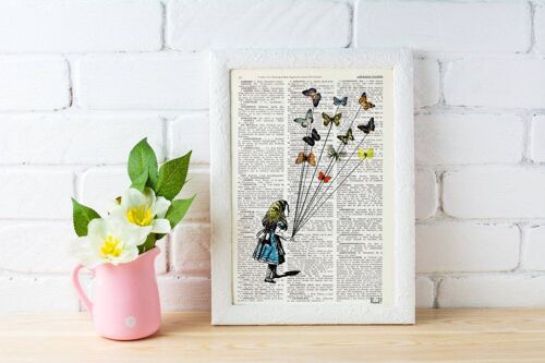 Christmas Gifts, Alice in Wonderland Alice and the Flying Butterflies Alice in Wonderland Collage Print on Vintage Dictionary ALW023 - Book Page M 6.4x9.6