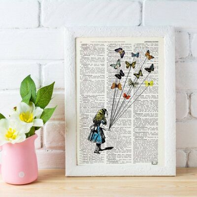 Christmas Gifts, Alice in Wonderland Alice and the Flying Butterflies Alice in Wonderland Collage Print on Vintage Dictionary ALW023 - Book Page L 8.1x12