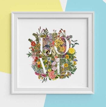 Cadeaux de Noël, cadeau pour elle, art mural LOVE Typographie et fleurs sauvages Imprimer Nouveau tirage d'art cadeau maison, cadeau petite amie TVH248SQ1 - Carré 12x12 1