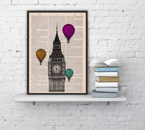 Christmas Gifts, London Big Ben Tower, Wall Decor Art Multiple Colored Balloons, British Office Wall Hanging Art, Gift, Poster TVH015 - Book Page L 8.1x12