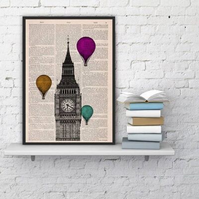 Christmas Gifts, London Big Ben Tower, Wall Decor Art Multiple Colored Balloons, British Office Wall Hanging Art, Gift, Poster TVH015 - Book Page S 5x7