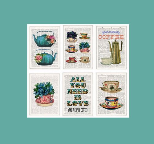 Christmas Greeting Cards - Thank You Cards - Set of 6 - Tea and coffee Collection - Postcards Pack - Mini Prints gift set- PSC012