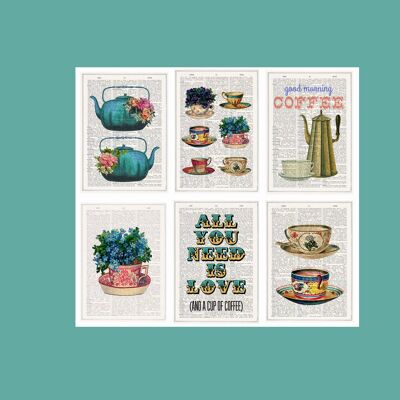 Christmas Greeting Cards - Thank You Cards - Set of 6 - Tea and coffee Collection - Postcards Pack - Mini Prints gift set- PSC012
