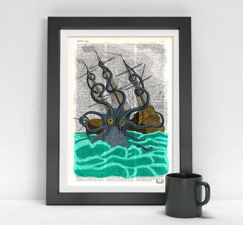 Colorful Giant Sea Monster Kraken Octopus Art Print - Book Page S 5x7