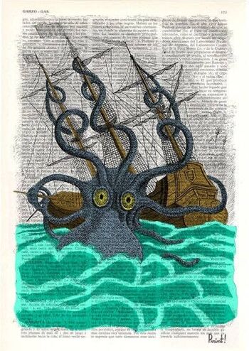 Impression d’Art coloré monstre marin géant Kraken Octopus - livre Page S 5 x 7 2