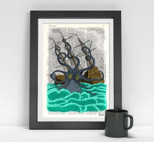 Colorful Giant Sea Monster Kraken Octopus Art Print - Book Page M 6.4x9.6