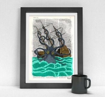 Impression d'art de poulpe de Kraken de monstre marin géant coloré - Page de livre M 6.4x9.6 1