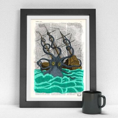 Bunter riesiger Seeungeheuer-Kraken-Kraken-Kunstdruck – Buchseite L 8,1 x 12