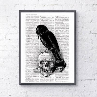Crow on the Skull, Boyfriend Christmas Gift, Christmas Svg, Gift for her, Skull Art, Wall Art Print, Book Print, Goth Art Print, SKA070 - Book Page S 5x7 (No Hanger)