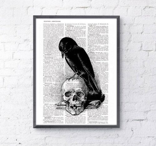 Crow on the Skull, Boyfriend Christmas Gift, Christmas Svg, Gift for her, Skull Art, Wall Art Print, Book Print, Goth Art Print, SKA070 - A4 White 8.2x11.6 - Oak Wood Hanger