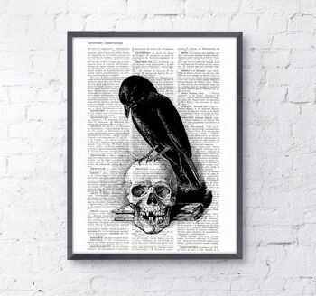 Corbeau sur le crâne, cadeau de Noël petit ami, Svg de Noël, cadeau pour elle, Skull Art, Wall Art Print, livre imprimé, Goth Art Print, SKA070 - A4 White 8.2x11.6 - Oak Wood Hanger 1