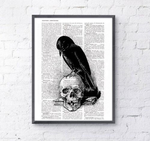 Crow on the Skull, Boyfriend Christmas Gift, Christmas Svg, Gift for her, Skull Art, Wall Art Print, Book Print, Goth Art Print, SKA070 - A4 White 8.2x11.6 - Black Wood Hanger