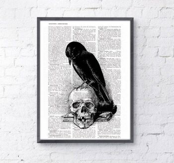 Corbeau sur le crâne, cadeau de Noël petit ami, Svg de Noël, cadeau pour elle, Skull Art, Wall Art Print, Book Print, Goth Art Print, SKA070 - A4 White 8.2x11.6 - Black Wood Hanger 1