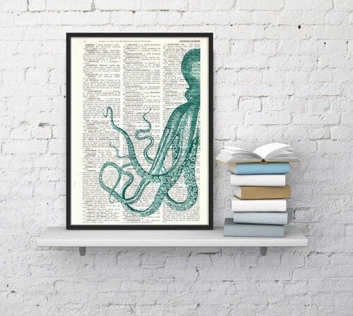 Curious turquoise Octopus - Book Page M 6.4x9.6