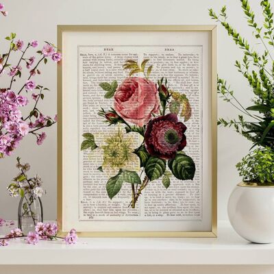 Floral Bouquet of Anemones and Roses - Book Page L 8.1x12 (No Hanger)