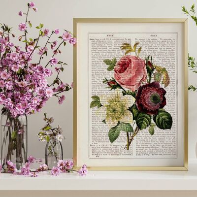 Floral Bouquet of Anemones and Roses - Book Page L 8.1x12 (No Hanger)