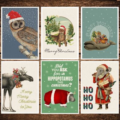 Funny Animals christmas card set -Set of 6 - Animal Cards - Funny Animals Postcards - Greeting cards set - Xmas gift cards - PSC017WA6