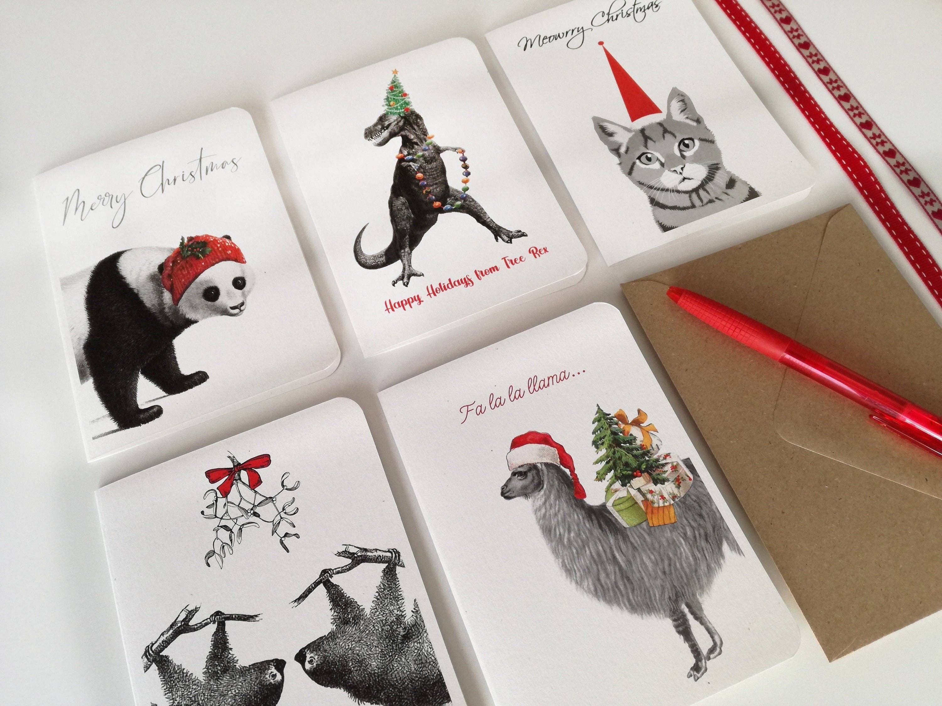 Cartes d'animaux de Noël amusantes - Cartes de remerciement - Lot de 5 - Cartes de vœux pour animaux - Cartes pliées - Cartes de vœux de Noël - NTC014