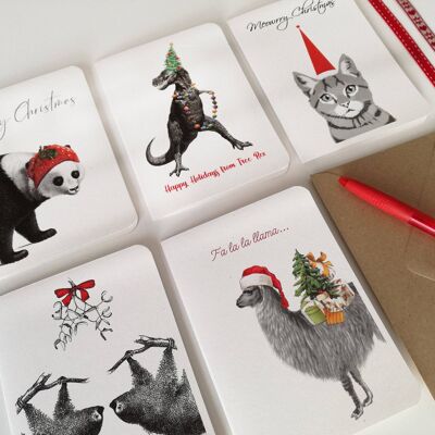 Cartes d'animaux de Noël amusantes - Cartes de remerciement - Lot de 5 - Cartes de vœux pour animaux - Cartes pliées - Cartes de vœux de Noël - NTC014