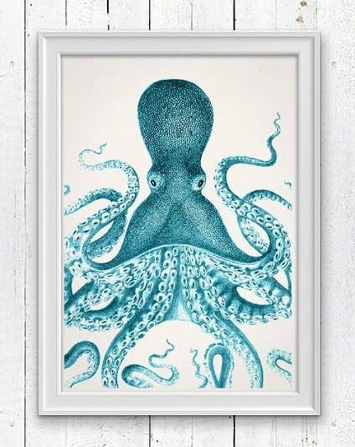 Giant Blue Octopus Nautical Print - A3 White 11.7x16.5 (No Hanger)
