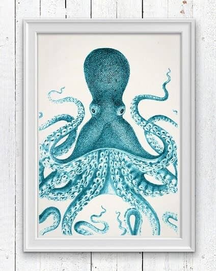 Stampa nautica di polpo blu gigante - A3 bianco 11,7x16,5