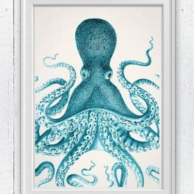 Giant Blue Octopus Nautical Print - White 8x10