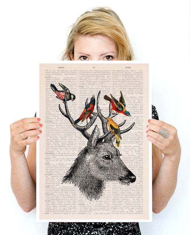 Regalo per il suo regalo di Natale cervo con poster di uccelli, arte ecologica, arte dei cervi, arte della parete, decorazione della parete, poster, arte animale ANI040PA3