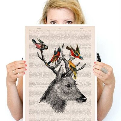 Regalo per il suo regalo di Natale cervo con poster di uccelli, arte ecologica, arte dei cervi, arte della parete, decorazione della parete, poster, arte animale ANI040PA3