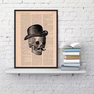 Gift for her Christmas Gift Wall art print Book Print Skull Vintage Art Print Vintage Skull of a Man with a Hat Upcycled Art Book SKA008 - A3 White 11.7x16.5 (No Hanger)