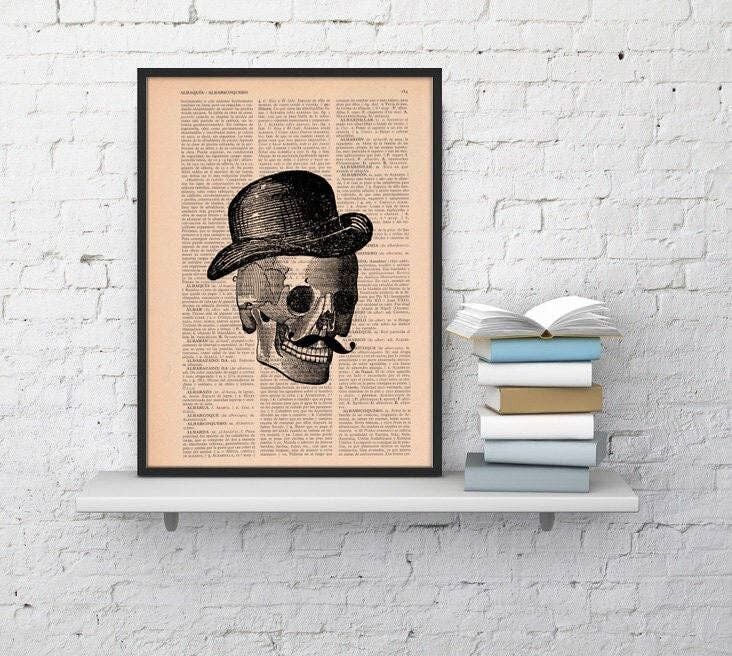 Regalo per il suo regalo di Natale parete arte stampa libro stampa teschio stampa d'arte vintage teschio vintage di un uomo con un cappello libro d'arte upcycled SKA008 - A5 bianco 5,8 x 8,2